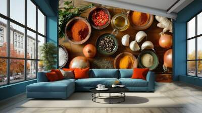 a high-definition photographic quality image of a wooden kitchen table surround with ingredients, including onions, fresh ginger and garlic, red chili powder, turmeric powder, vegetable oil , Salt, pe Wall mural