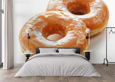 Two freshly baked glazed donuts beautifully captured on a white background Wall mural