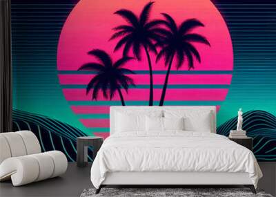 A silhouette of a palm tree amid a vintage wave The visual art style known as vaporwave Wall mural