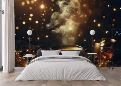 Banner on wooden table with golden smoke and a black hot coffee cup. Steaming smoke mug with bokeh, golden lights, and shimmering sparkles on a black background. cozy, airy environment. Magical bereav Wall mural