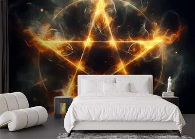 Fantasy pentagram star in flames, smoke, and mist is called Fire Yellow Pentagram. - a dark backdrop - eerie horror emblem of witchcraft - background of gloomy black - dreamlike concept artwork Wall mural