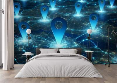 Map with dynamic path lines connecting blue illuminating location pins against a black background created by generative artificial intelligence Wall mural