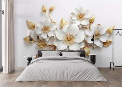 3d gold flowers white backgroung. Wall mural