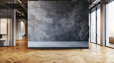 A gray table or an abandoned loft with a stained wall, black cement, and a dark concrete texture floor for a house's interior or exterior with an aged architectural backdrop, wallpaper Wall mural