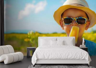 A summertime boy with a hat and sunglasses eating a popsicle on a sunny day Wall mural