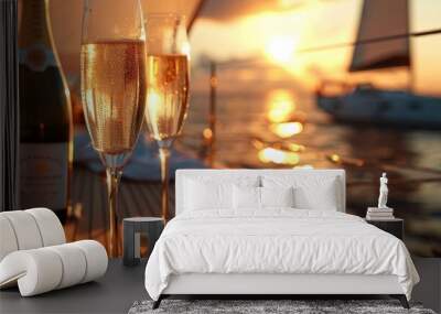 Close up of a bottle and glasses with champagne on a yacht deck at sunset with a blurred background of a sailboat in the distance Wall mural