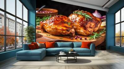 Closeup of tasty roast chicken breast served on wooden board. Grilled chicken. Wall mural