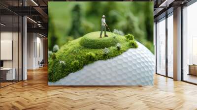 miniature shape of a golf ball with green grass field and a mini sports man standing on it with golf stick Wall mural