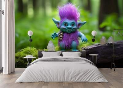 Tale troll with crystals in the forest, natural green background. Wall mural