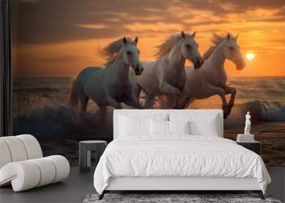 three white horses running on the beach during sunset and splashing in the water Wall mural