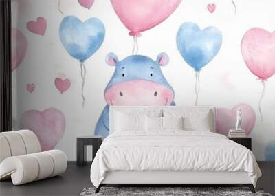 Watercolor Hippo with Heart Balloons Wall mural