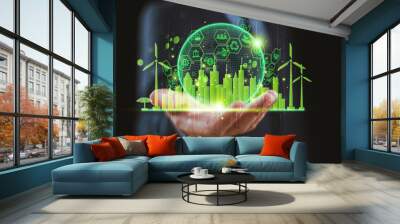 Net zero emissions, Carbon credit, green business concept. Finance money investment for sustainable clean technology. Green leaf footprint icon. ESG, low co2 change. Bond stock market exchange Wall mural