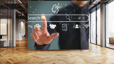 SEO Search Engine Optimization concept. Businessman touch AI, SEO icon on websites to rank search engines or SEO. Search with Ai assistant, search on screen. Artificial Intelligence data technology Wall mural