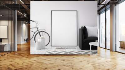 mock up poster frame in hipster interior background with bicycle, scandinavian style, 3D render, 3D illustration Wall mural