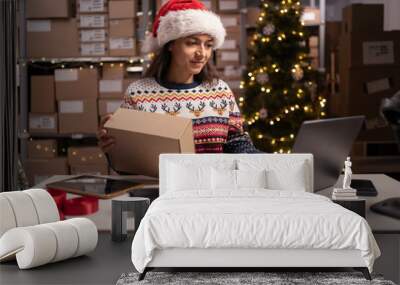 Employee in retail shop's warehouse in Santa hat. Small Business Owner working on laptop, preparing and packing parcels for delivery in Christmas Eve. Wall mural