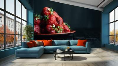 Horizontal photo of strawberries on a black background Wall mural