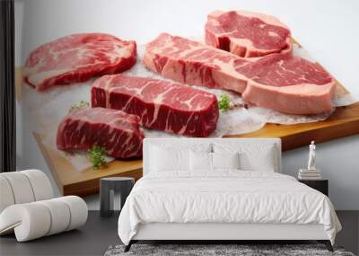  Fresh red marble beef slices raw, High quality angus ribeye arranged on a wooden cutting board Wall mural