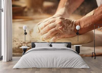 A chef is kneading cake dough on a homemade kitchen wooden table. Wall mural