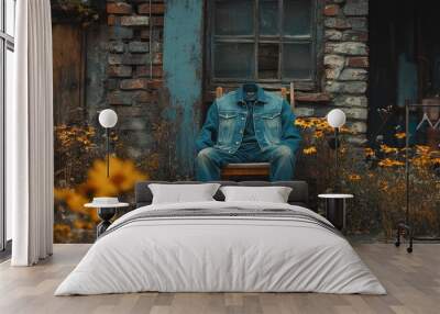 A Denim-Clad Figure Sitting on a Chair Before a Brick Wall and Flowers Wall mural