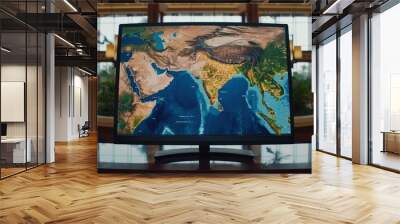 A Flat Screen Television Displaying a Map of Asia with City Lights Wall mural