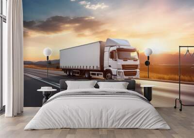 Container truck cargo expedition service, Shipping service delivering packages and industrial goods. Wall mural