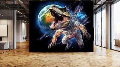 Dinosaur astronaut with planet earth in the background from outer space. Wall mural