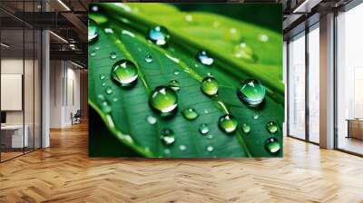 Fresh lush dewy green leaves, natural green plant background wallpaper close up view, botanical environment. Wall mural