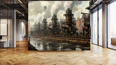 Illustration of an industrial factory 1.0 in the age of old steam engines mid-19th century Wall mural