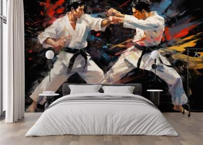 Karate taekwondo martial arts athletes fighting sports, watercolor illustration style.	
 Wall mural