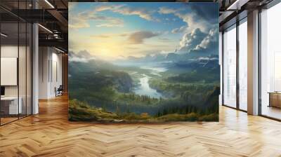 Natural view of the valley from the top of the mountains in a sunny morning. Wall mural