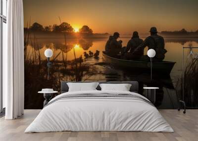 People fishing on the lake at dawn, on a wooden boat, a ray of misty morning light Wall mural