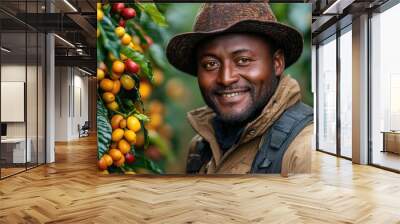 Smiling Coffee Farmer Standing Near Coffee Berries Wall mural