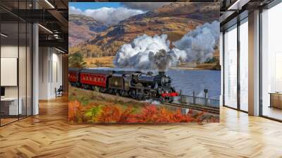 Steam Locomotive Chugging Through Scottish Highlands Wall mural