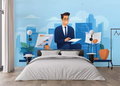 Vector illustration design of businessman sitting, wearing suit, glasses and shirt with tie in office room. Wall mural