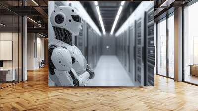 White Robot Standing in Server Room Wall mural