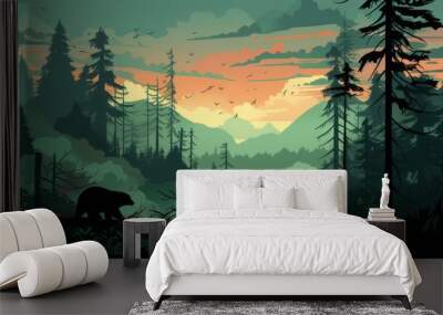 Wilderness illustration with bear silhouette and pine trees Wall mural