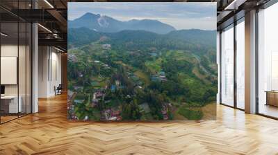 Aerial drone view of greenery countryside scenery in Berastagi, North Sumatra, Indonesia.  Wall mural