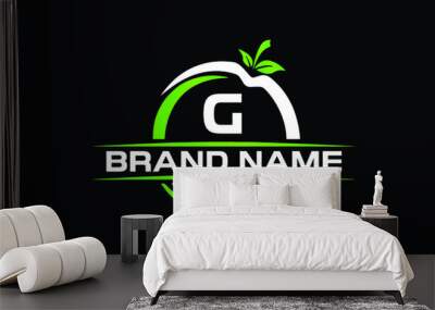 Sports nutrition logo template with letter G. green apple with dumbbell vector design. Fitness nutrition logo Wall mural