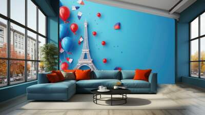 3d illustration of France National Day, French flag and Eiffel Tower with balloons on blue background for celebration French holiday concept Wall mural