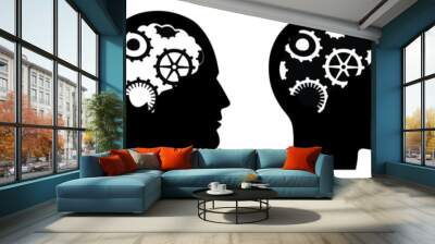 Machine Gears inside human head with Social Media Symbols Black Isolated on White Background Illustration Wall mural