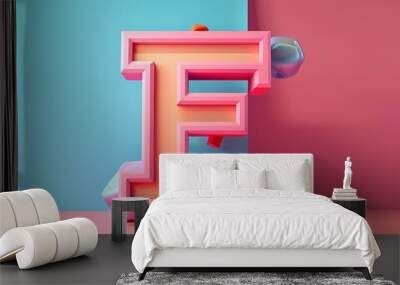 Pink and blue three dimensions letter F with abstract shapes on a pastel background. Wall mural