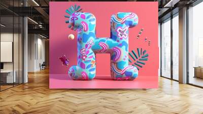 Three dimensions colorful letter H with abstract floral pattern, on pink background. Wall mural