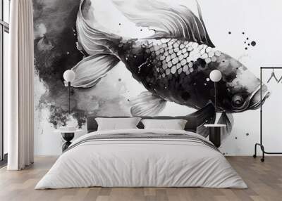 Watercolor illustration of Black Koi Carp fish on white background with a black color splash. Generative AI. Wall mural