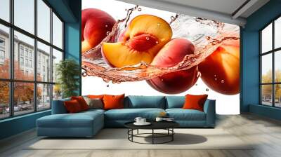 Whole and slice of the Peach fruit with water splash isolated on white background. Fresh peach fruit dropped into water with a splash.  Wall mural