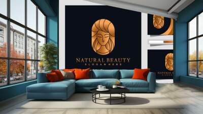 Woman hair logo with gradient colour concept and busines card for beauty salon Premium Vector Wall mural