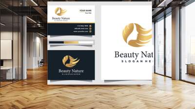 Woman hair salon logo with golden gradient colour style and business card design for beauty salon Premium Vector Wall mural