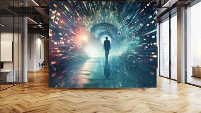 A lone figure walks through a futuristic portal. Wall mural