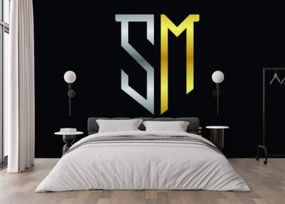 Abstract letter SM shield logo design template. Premium nominal monogram business sign.shield shape Letter Design in silver gold color Wall mural