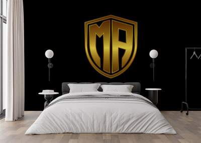 Initial letters MA shield shape gold monogram logo. Shield Secure Safe logo design inspiration Wall mural