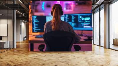 A woman sits at a desk with two computer monitors in front of her Wall mural